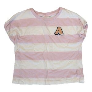 dip S (6-7) Pink and White Striped Shirt Cropped Short Sleeve "A" Embroidered